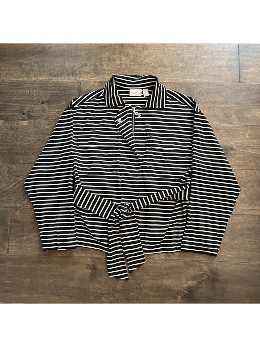 Chicos (SIZE 1) Stripe Zip and Snap Jacket with Tie